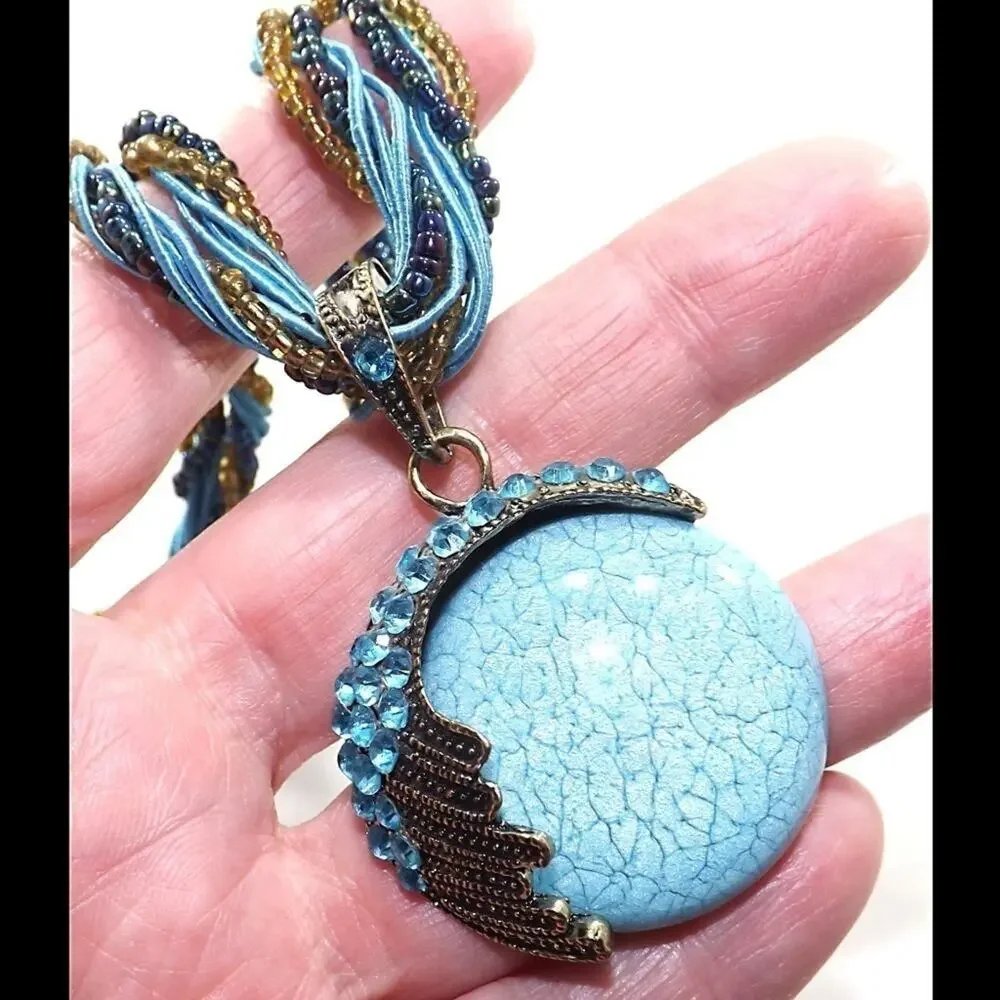 Blue Rhinestone Lucite Pendant Seed Bead Necklace, 19 Inches